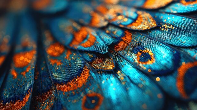 Intricate  view reveals vibrant blue and orange feather textures with glittering accents.