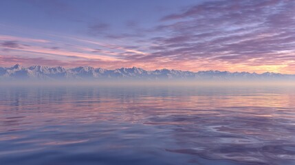 Fototapeta premium Distant snow capped mountain range reflects in calm water under a colorful twilight sky