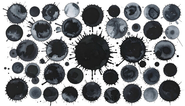 Abstract circles of grey paint, splotches, splashes on a black base