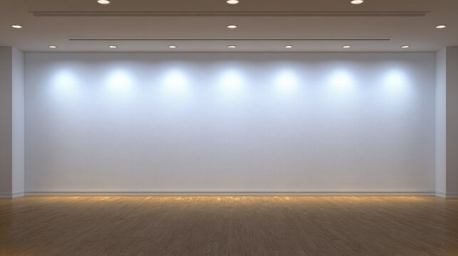 Interior space features a long white wall illuminated by recessed ceiling spotlights above a polished wooden floor.