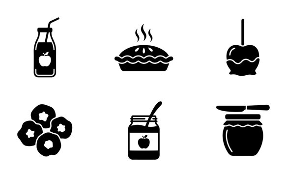Apple Treats Vector Icons: Pie, Juice, Candy Apple, Slices, Jam Jar Set
