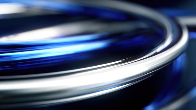 Metallic blue and silver light trails swirl in an abstract digital composition