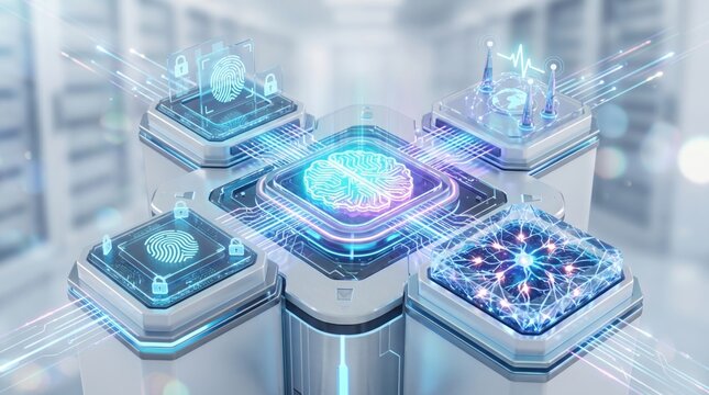 Futuristic artificial intelligence brain concept with digital data processing, biometric security icons, and neural network technology on a glowing blue background