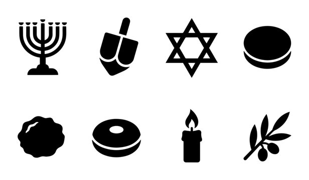 Hanukkah Icons Set: Menorah, Dreidel, Star of David, Gelt, Sufganiyah, Candle, Olive Branch, Vector Graphics for Jewish Holiday Celebration