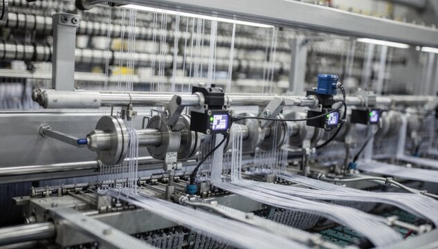 Medium shot focused on elastic yarn tension controls and feeding mechanisms adapting dynamically to stretch and recoil during advanced knitting operations.