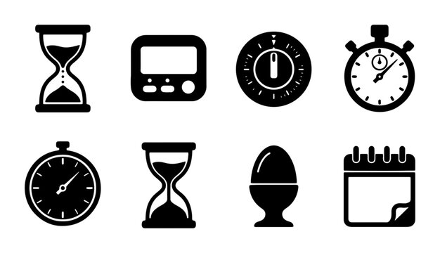 Time Management Icons: Hourglass, Stopwatch, Timer, Calendar, Egg Timer, Digital Clock, Vector Set