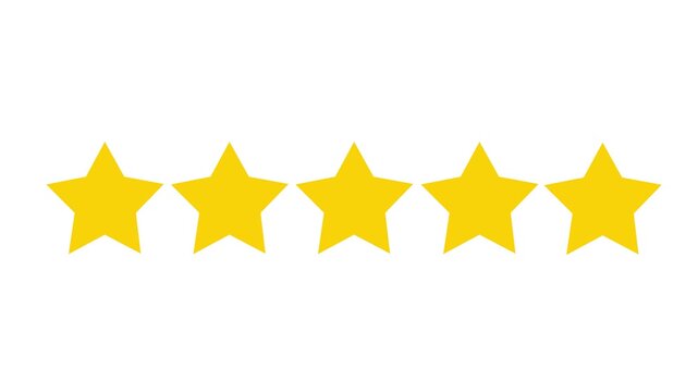 Five star rating icon animated video. Row of five shiny gold stars rating symbol isolated on a clean white background, representing premium product review, excellent customer service feedback