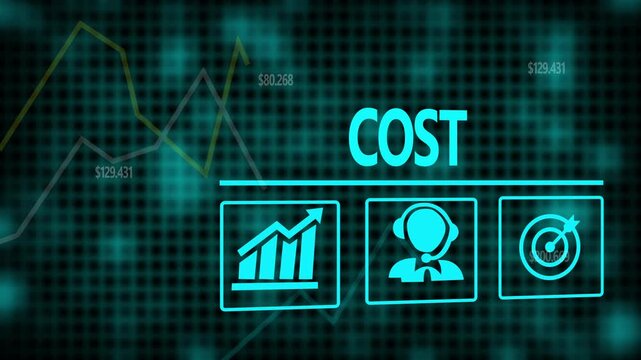 Cost business concept on a flashing computer monitor with moving graphs and data.