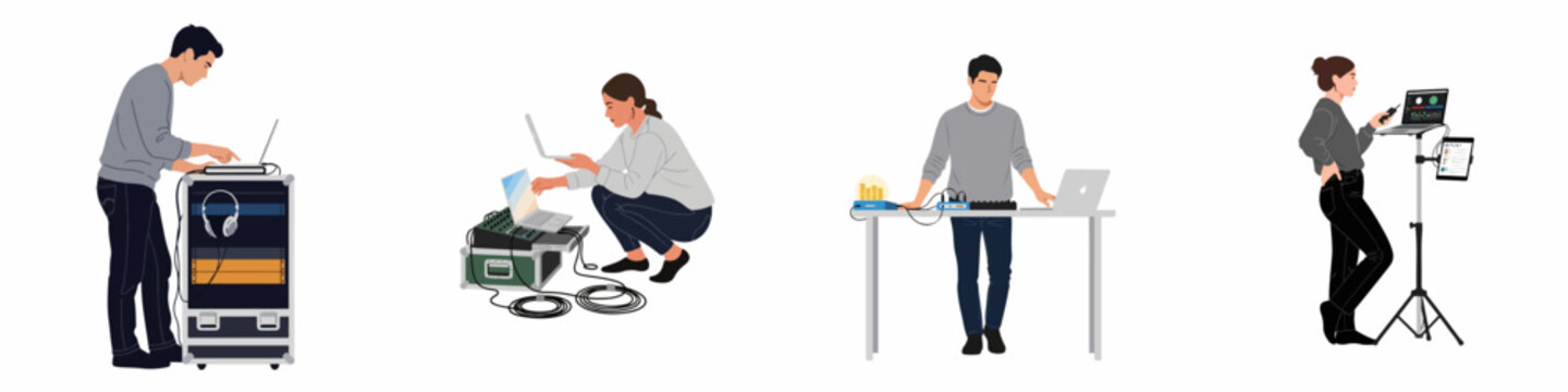 Flat vector illustrations of professional sound technicians and AV crew members working with laptops and audio equipment isolated on a white background.