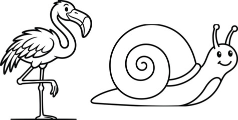 Cute cartoon flamingo and smiling snail coloring page. Fun and easy animal doodle line art illustration perfect for kindergarten kids activity books, learning, and early childhood education. © MdMasum