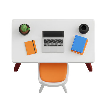 Minimalist 3D office chair with fruit and laptop