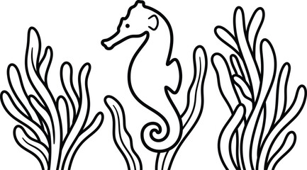 Beautiful seahorse swimming underwater with seaweeds coloring page. Creative marine life cartoon doodle printable perfect for children's ocean activity books and relaxation therapy. © MdMasum