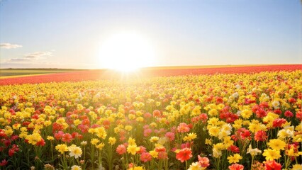Fototapeta premium Radiant sunrise over a large field of vibrant tulips, presenting a picturesque natural scene.