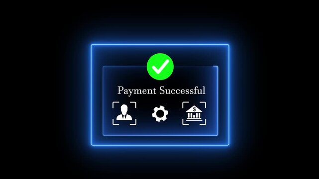 Abstract futuristic neon blue glowing payment successful notification template with a green check mark and financial business icons on a black background. Online payment concept.