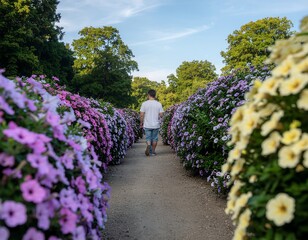 Obraz premium Man Walking Through Vibrant Garden Pathway.