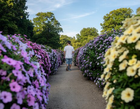 Man Walking Through Vibrant Garden Pathway.
