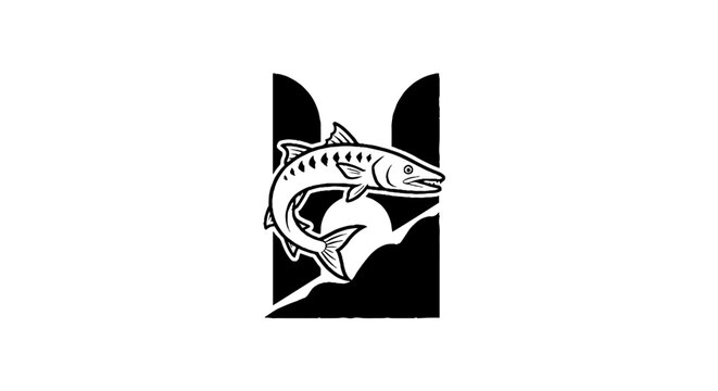 Black and white illustration of a jumping fish.