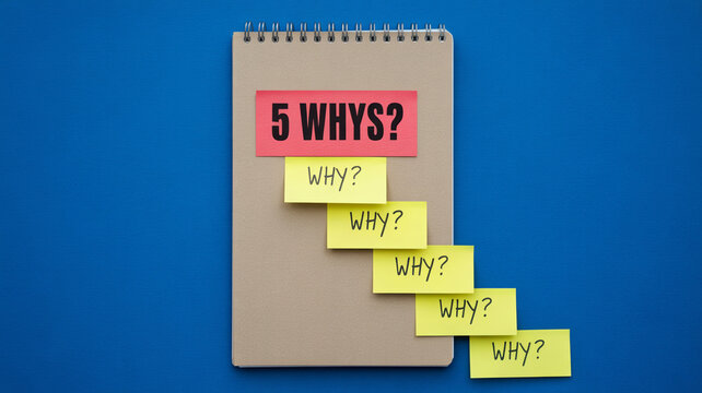 Notebook with 5 whys concept on sticky notes problem solving method