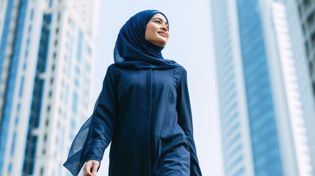Muslim Woman in City: A confident Muslim woman wearing a hijab and abaya walks purposefully through a modern city, with towering skyscrapers framing her silhouette.