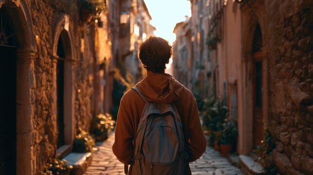 Wanderer's Path: A solo traveler, seen from behind, ambles down a sun-drenched cobblestone alleyway flanked by ancient stone buildings, embarking on a journey of discovery.