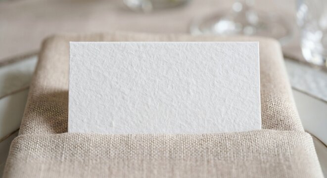 Blank white rectangular textured paper place card on beige linen dining napkin
