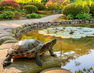 Obraz premium Turtle Resting Near Pond in Natural Habitat
