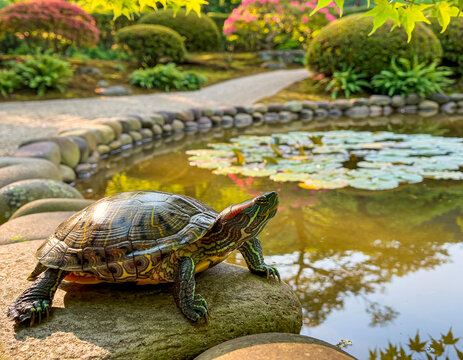 Turtle Resting Near Pond in Natural Habitat