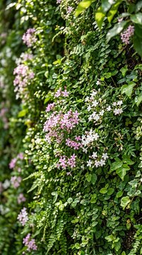 Blooming lilac flowers on dense vertical garden wall with lush green foliage