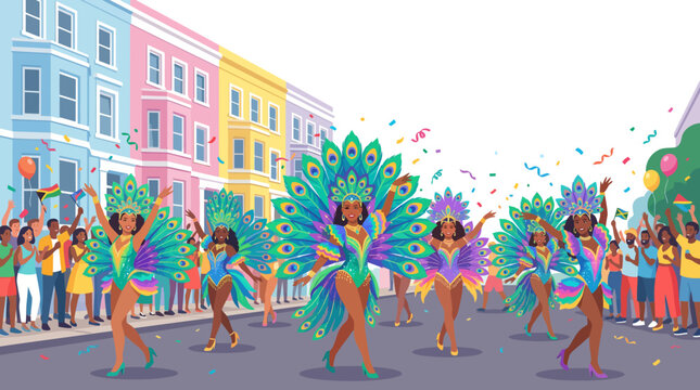 Vibrant carnival parade featuring dancers in peacock-inspired costumes celebrating on a colorful urban street with an energetic crowd