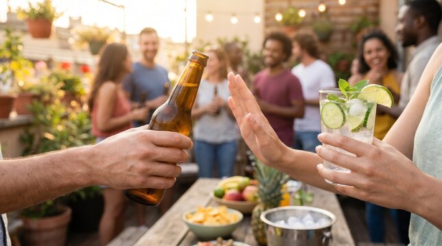 Hand refusing a bottle of beer while holding a healthy mocktail at outdoor party, representing sober curious and mindful drinking lifestyle.
