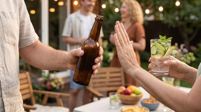 Close up of person rejecting beer and choosing a non-alcoholic mocktail at backyard party, promoting sober curious and zero proof trends.