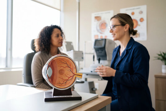 Eye doctor explains retina model to patient in an ophthalmology clinic