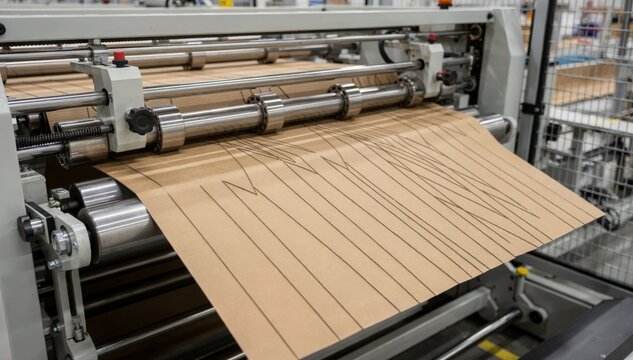 Medium view of multiline creasing rollers pressing parallel fold marks into cardboard showcasing advanced machinery setup for complex folding designs.
