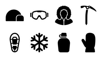 Arctic Expedition Icons: Igloo, Goggles, Parka, Ice Axe, Snowshoe, Snowflake, Canteen, Mitten Set © Sizan