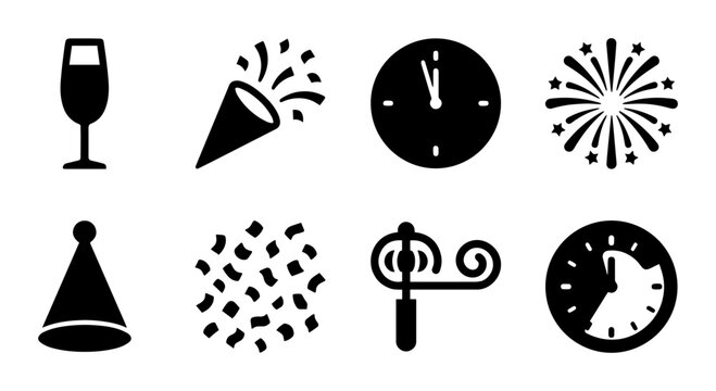New Year's Eve Celebration Icons Set: Champagne, Party Hat, Confetti, Fireworks, Clock, Noise Maker Vector Graphics
