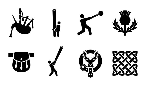 Scottish Icons Set: Bagpipes, Thistle, Kilt, Highland Games, Celtic Knot, Stag Emblem, Vector Graphics