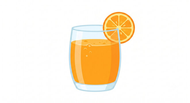 Glass of fresh orange juice with orange slice, flat vector illustration, isolated on white