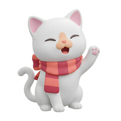 Fototapeta premium Cute 3D white cat wearing a scarf waving hello