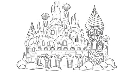 Fantasy castle, whimsical architecture, dreamlike illustration, black and white line art © Shabana