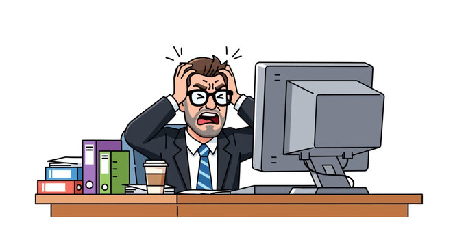 Frustrated businessman, stressed office worker, computer error, desk overwhelmed, stressed employee