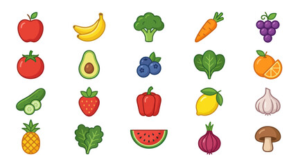 Fototapeta premium Colorful Assortment of Fresh Fruits and Vegetables Icons, Healthy Food Collection