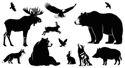 Obraz premium Wildlife Silhouettes, Animal Icons, Black Forest Animals, Vector Graphic Set