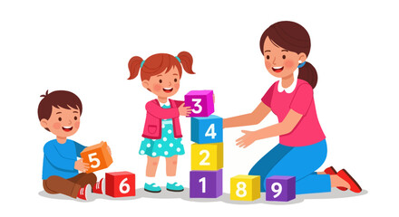 Obraz premium Children, kids, playing, blocks, educational, learning, development, vector illustration