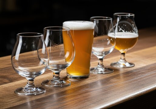A curated selection of specialized beer glasses arranged on a rustic wooden bar surface, highlighting the various shapes used for craft brewing culture, bar, flavor, liquid