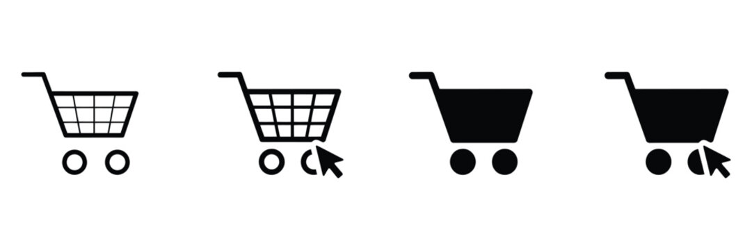 Shopping cart icon featuring web store cart symbol, internet shop buy logo design, e commerce interface elements, and clean vector illustration graphics