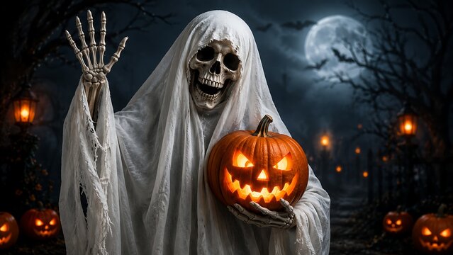 Skeleton ghost in white sheet holding carved pumpkin with glowing eyes.