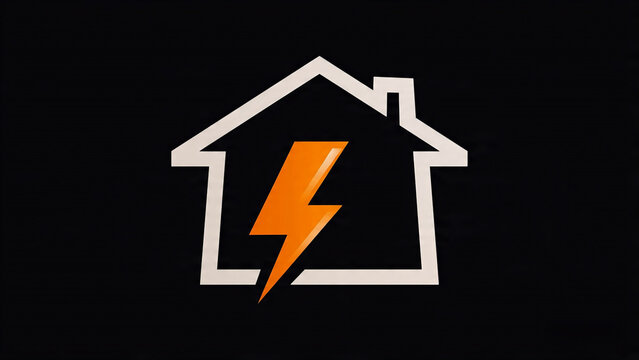 Modern smart home electricity logo with lightning bolt icon, minimalist energy symbol isolated on black background