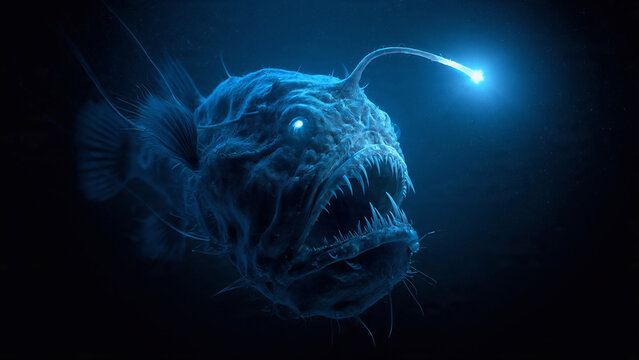 Glowing deep sea anglerfish in dark ocean, eerie bioluminescent predator with dramatic blue underwater lighting