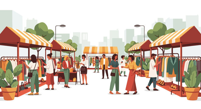People shopping at an outdoor market with clothing stalls.