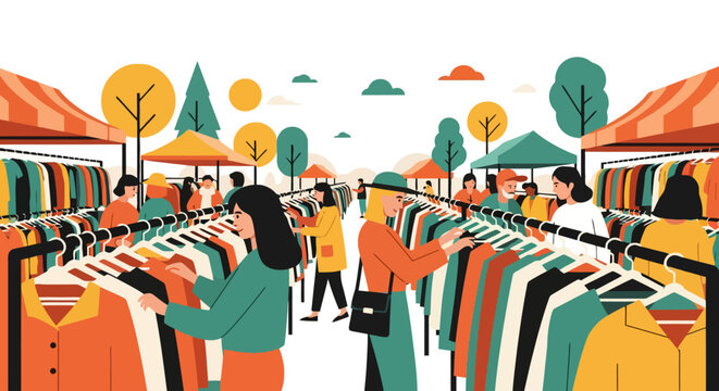 People browsing clothes at an outdoor market stall.
